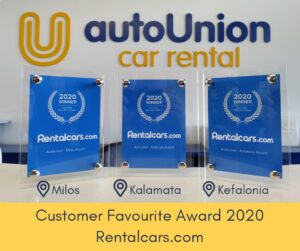 Autunion Car Rental won the "Rentalcars - Favorite Customer Award 2020" for its stations at Kalamata, Kefalonia and Milos airports.
